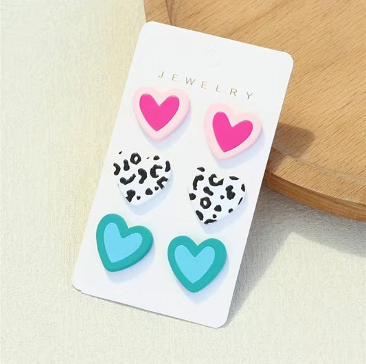 3 Pair Clay Heart Earrings