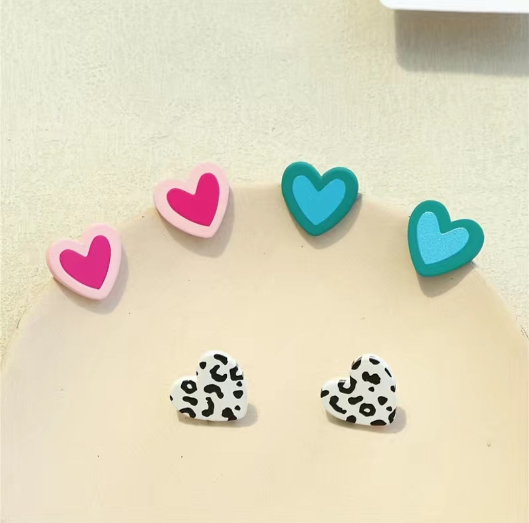 3 Pair Clay Heart Earrings
